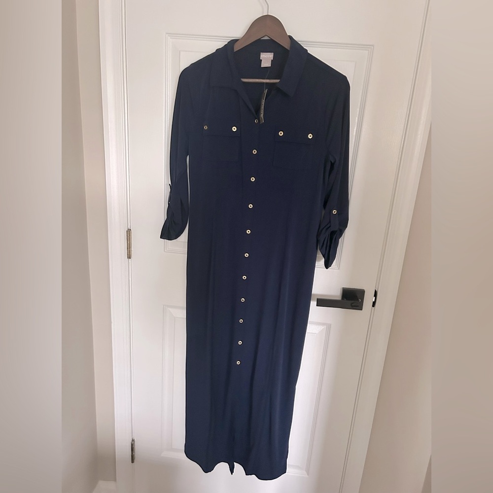 NWT CHICOS NAVY BLUE JERSEY BUTTON DOWN SHIRT DRESS MAXI SZ 1